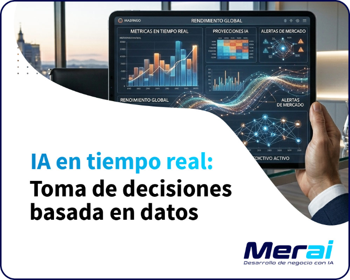 Directivo visualizando métricas en tiempo real en una tablet con gráficos generados por inteligencia artificial - Merai Directivo visualizando métricas en tiempo real en una tablet con gráficos generados por inteligencia artificial - Merai
