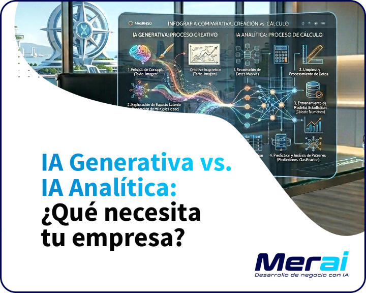 Infografía comparativa entre los procesos creativos de la IA generativa y los procesos de cálculo de la IA analítica - Merai