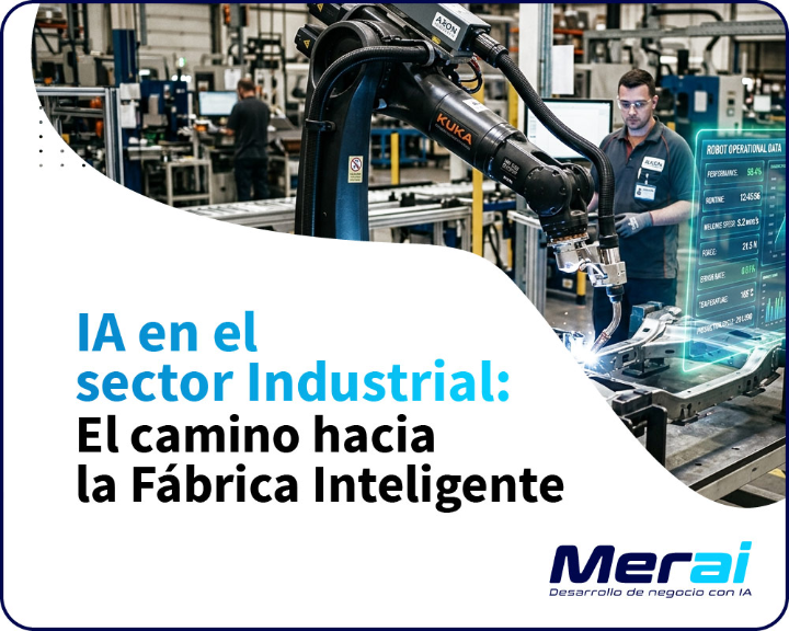 Brazo robótico industrial trabajando en sincronía con una interfaz de datos holográfica que muestra el rendimiento en tiempo real - Merai