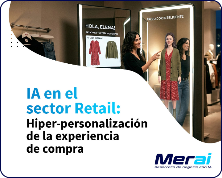 Un cliente interactuando con un probador inteligente que sugiere ropa basada en su perfil de compra - Merai